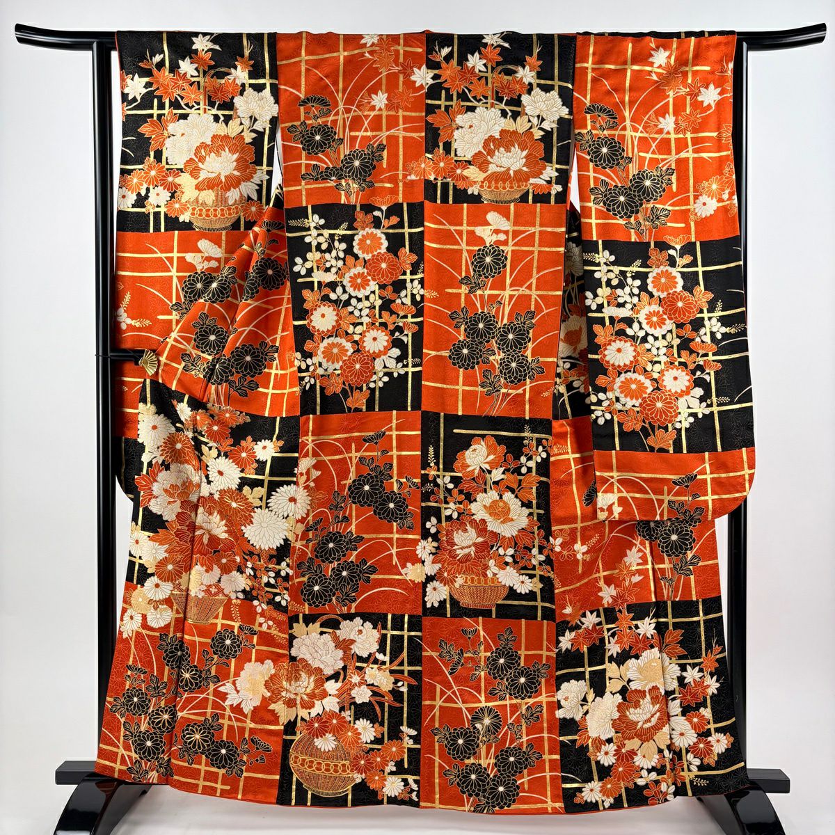 振袖禮服 身長162.5cm 袖長64cm M 雙層 花籠 格子 金糸 金通し 橙色 純蠶絲 秀品級