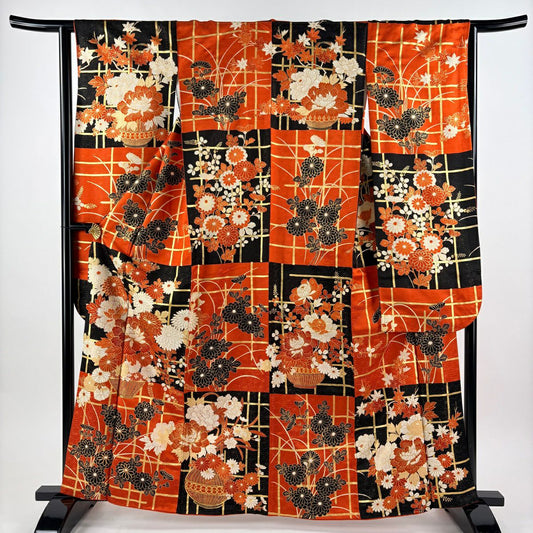 振袖禮服 身長162.5cm 袖長64cm M 雙層 花籠 格子 金糸 金通し 橙色 純蠶絲 秀品級