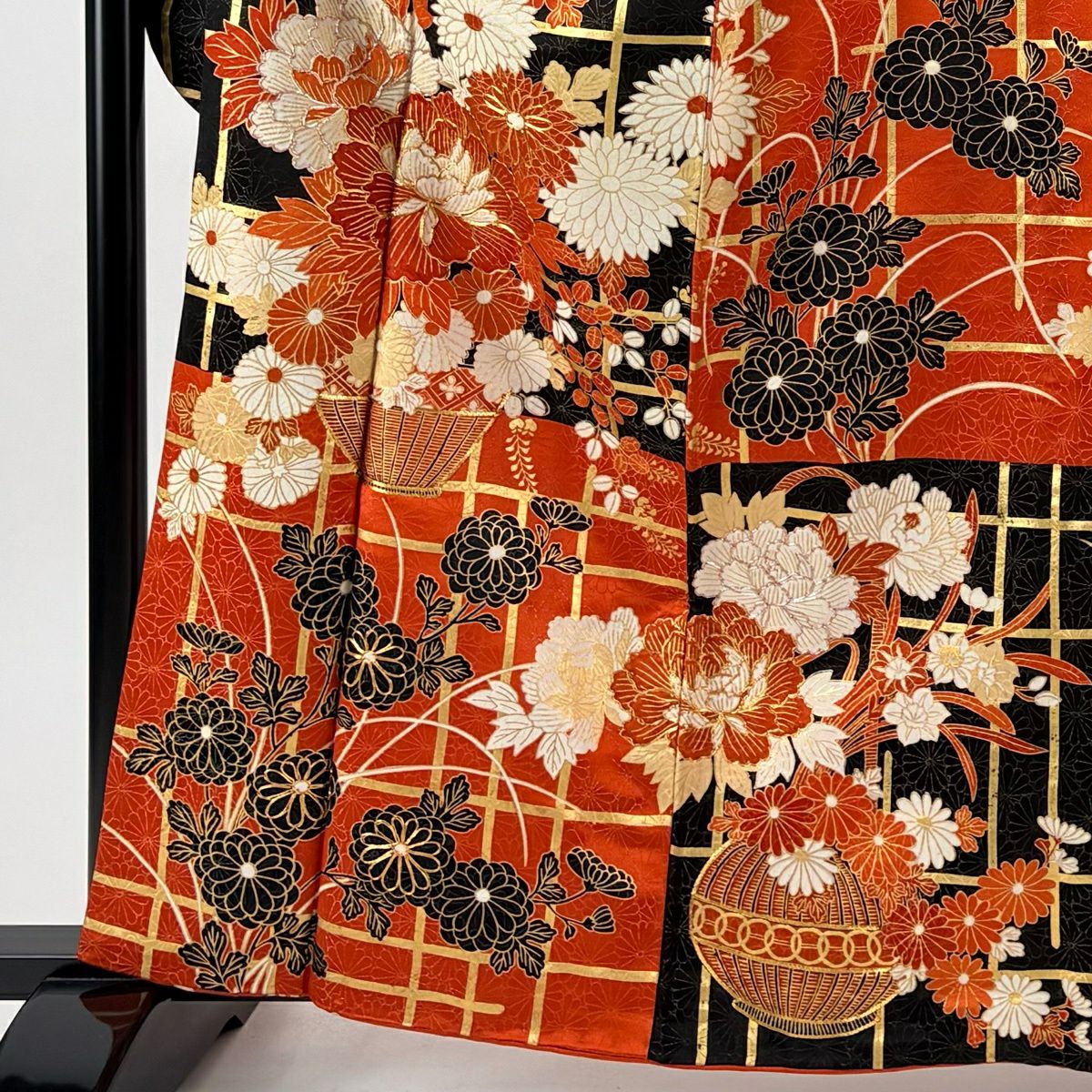 振袖禮服 身長162.5cm 袖長64cm M 雙層 花籠 格子 金糸 金通し 橙色 純蠶絲 秀品級