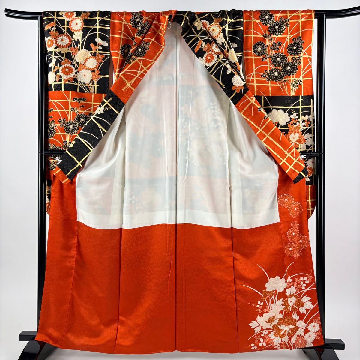 振袖禮服 身長162.5cm 袖長64cm M 雙層 花籠 格子 金糸 金通し 橙色 純蠶絲 秀品級