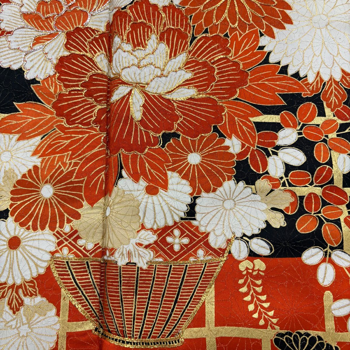 振袖禮服 身長162.5cm 袖長64cm M 雙層 花籠 格子 金糸 金通し 橙色 純蠶絲 秀品級