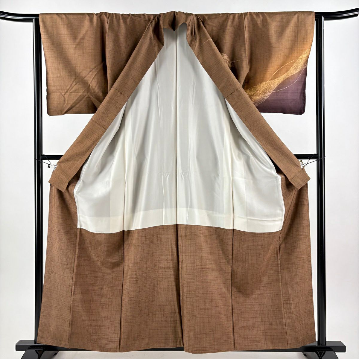 【美品】訪問服 身長160.5cm 袖長63cm S 雙層 紬織織 幾何學圖案 染分 漸層 茶 純蠶絲 優品級