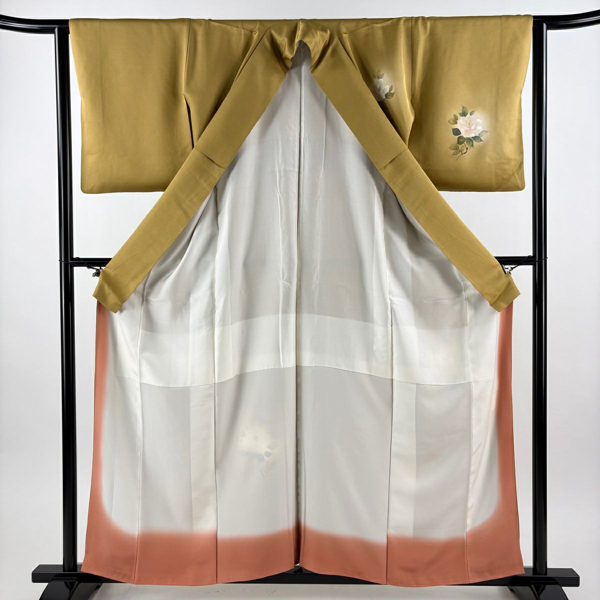 【美品】 付下 身長160cm 袖長63cm S 雙層 薔薇 金銀彩 漸層 黃土 純蠶絲 秀品級