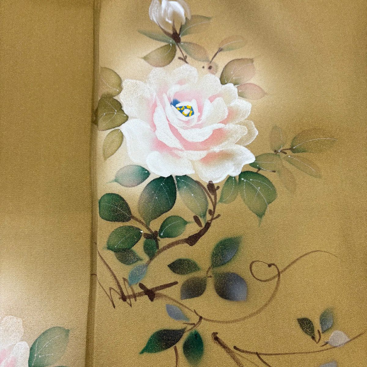 【美品】 付下 身長160cm 袖長63cm S 雙層 薔薇 金銀彩 漸層 黃土 純蠶絲 秀品級