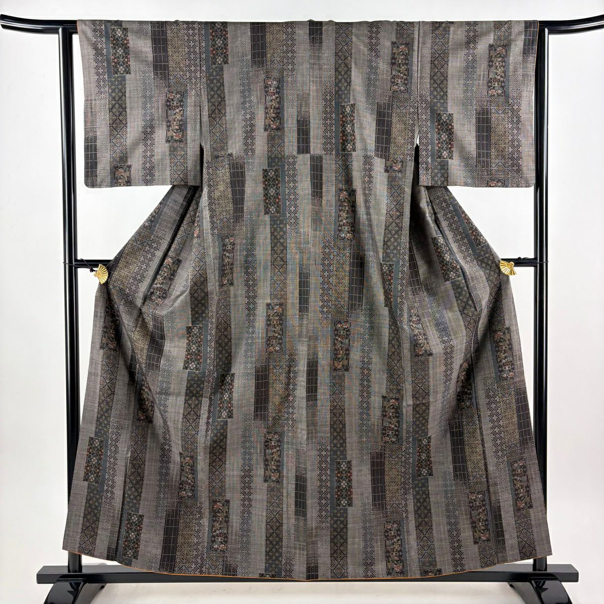 【美品】 紬織 身長158.5cm 袖長62.5cm S 雙層 ますいわ屋 短冊 草花紋 紅茶 純蠶絲 秀品級