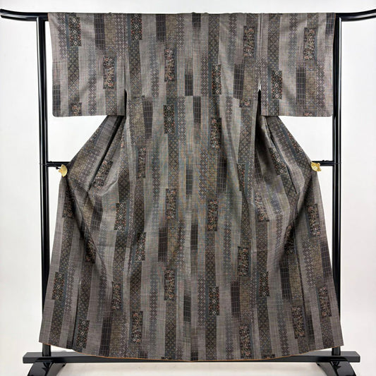 【美品】 紬織 身長158.5cm 袖長62.5cm S 雙層 ますいわ屋 短冊 草花紋 紅茶 純蠶絲 秀品級