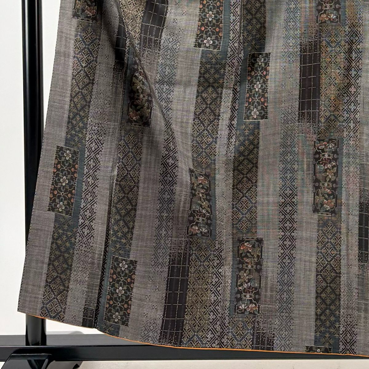 【美品】 紬織 身長158.5cm 袖長62.5cm S 雙層 ますいわ屋 短冊 草花紋 紅茶 純蠶絲 秀品級