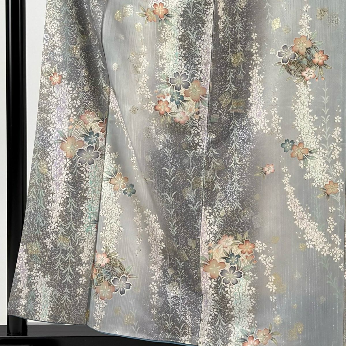 【美品】 小紋 身長158.5cm 袖長64.5cm M 雙層 大和 花丸紋 櫻花 金銀彩 銀通 灰色 純蠶絲 優品級
