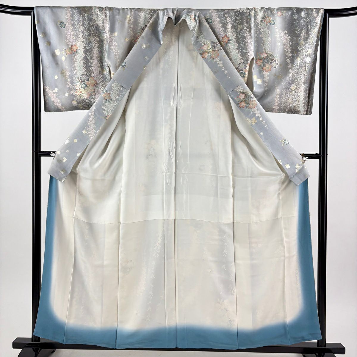 【美品】 小紋 身長158.5cm 袖長64.5cm M 雙層 大和 花丸紋 櫻花 金銀彩 銀通 灰色 純蠶絲 優品級