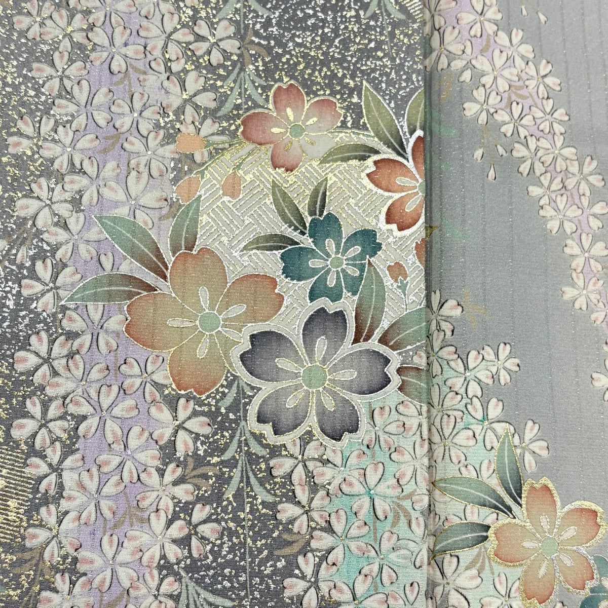 【美品】 小紋 身長158.5cm 袖長64.5cm M 雙層 大和 花丸紋 櫻花 金銀彩 銀通 灰色 純蠶絲 優品級