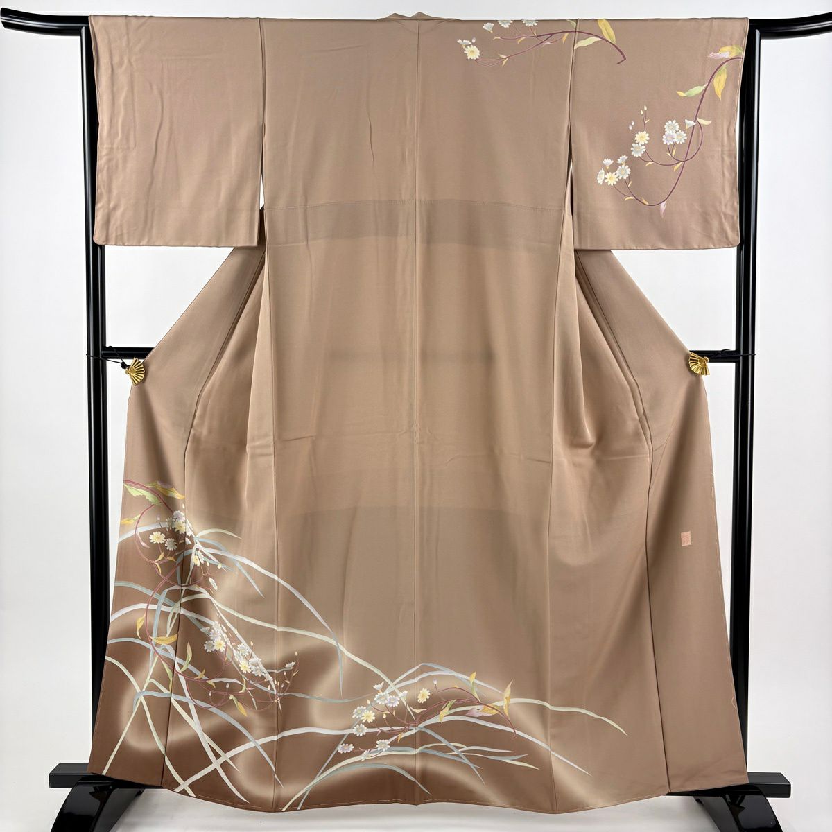 【美品】訪問服 身長161.5cm 袖長63.5cm S 雙層 落款あり 草花紋 葉柄 染分 ぼかし 薄茶 純蠶絲 秀品級