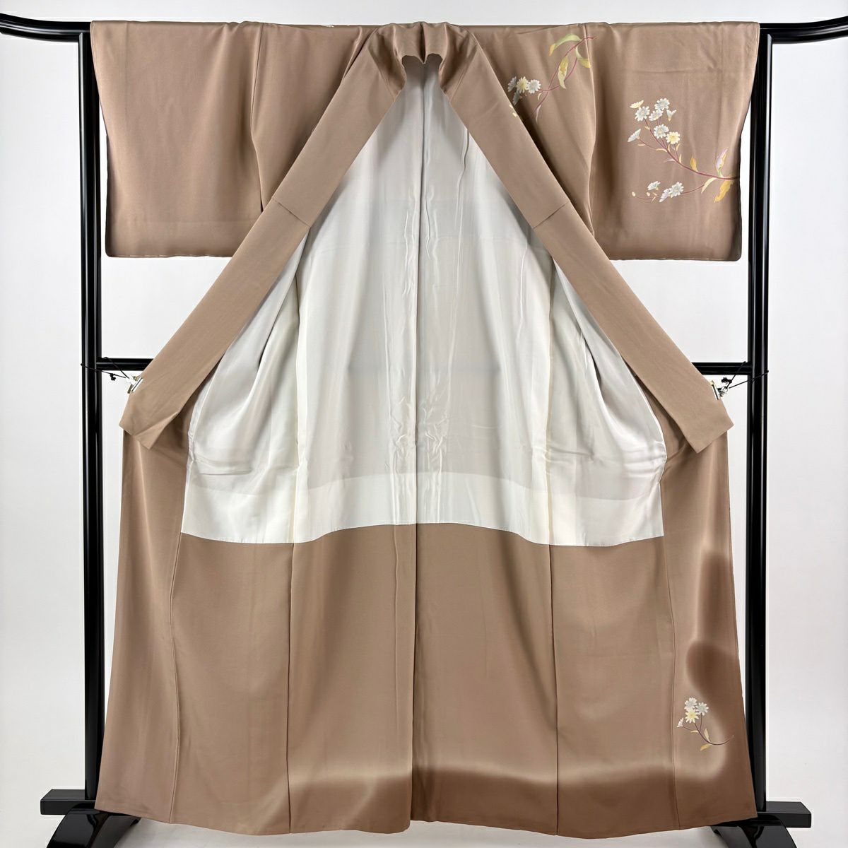 【美品】訪問服 身長161.5cm 袖長63.5cm S 雙層 落款あり 草花紋 葉柄 染分 ぼかし 薄茶 純蠶絲 秀品級
