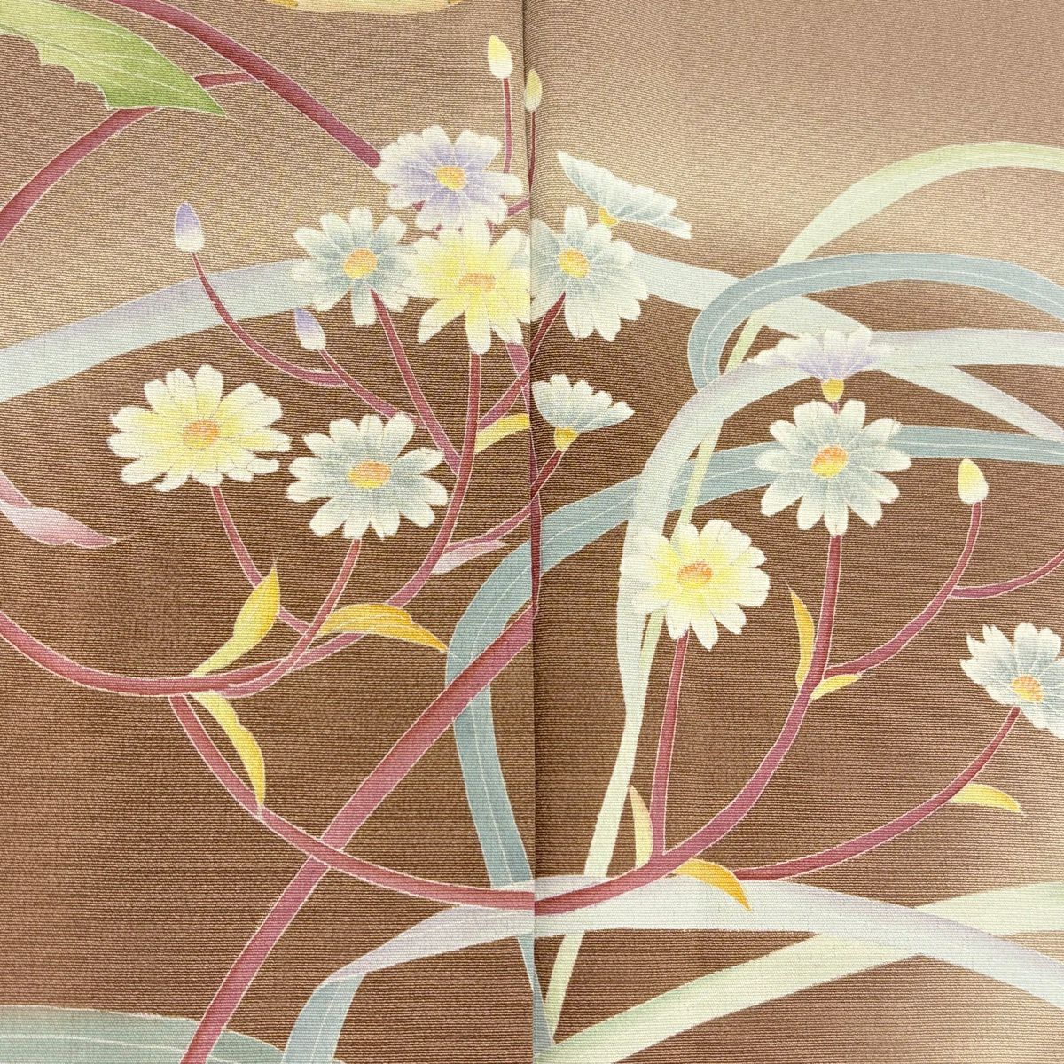 【美品】訪問服 身長161.5cm 袖長63.5cm S 雙層 落款あり 草花紋 葉柄 染分 ぼかし 薄茶 純蠶絲 秀品級