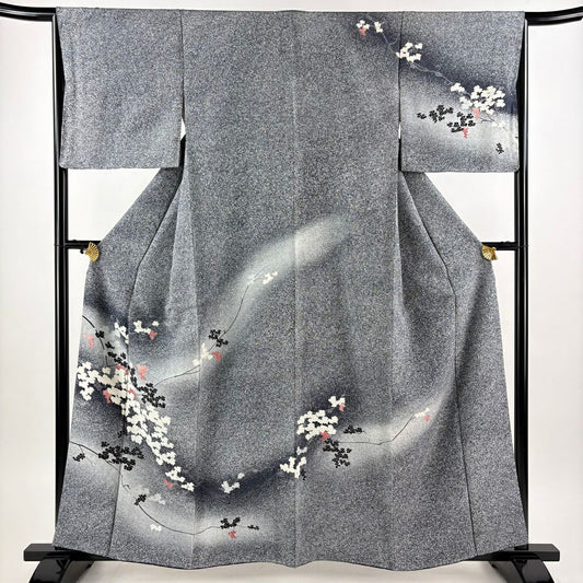 【美品】訪問服 身長159.5cm 袖長65cm M 雙層 葡萄 染分 ぼかし 黑灰 純蠶絲 秀品級
