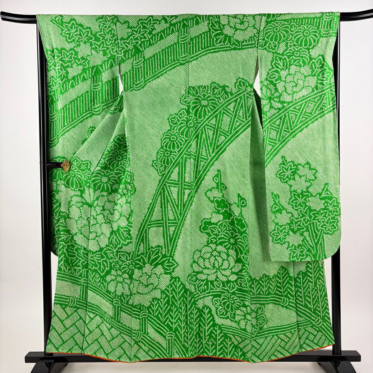 【美品】振袖禮服 身長156.5cm 袖長66cm M 雙層 牡丹 光悅垣 總絞染 綠 純蠶絲 秀品級