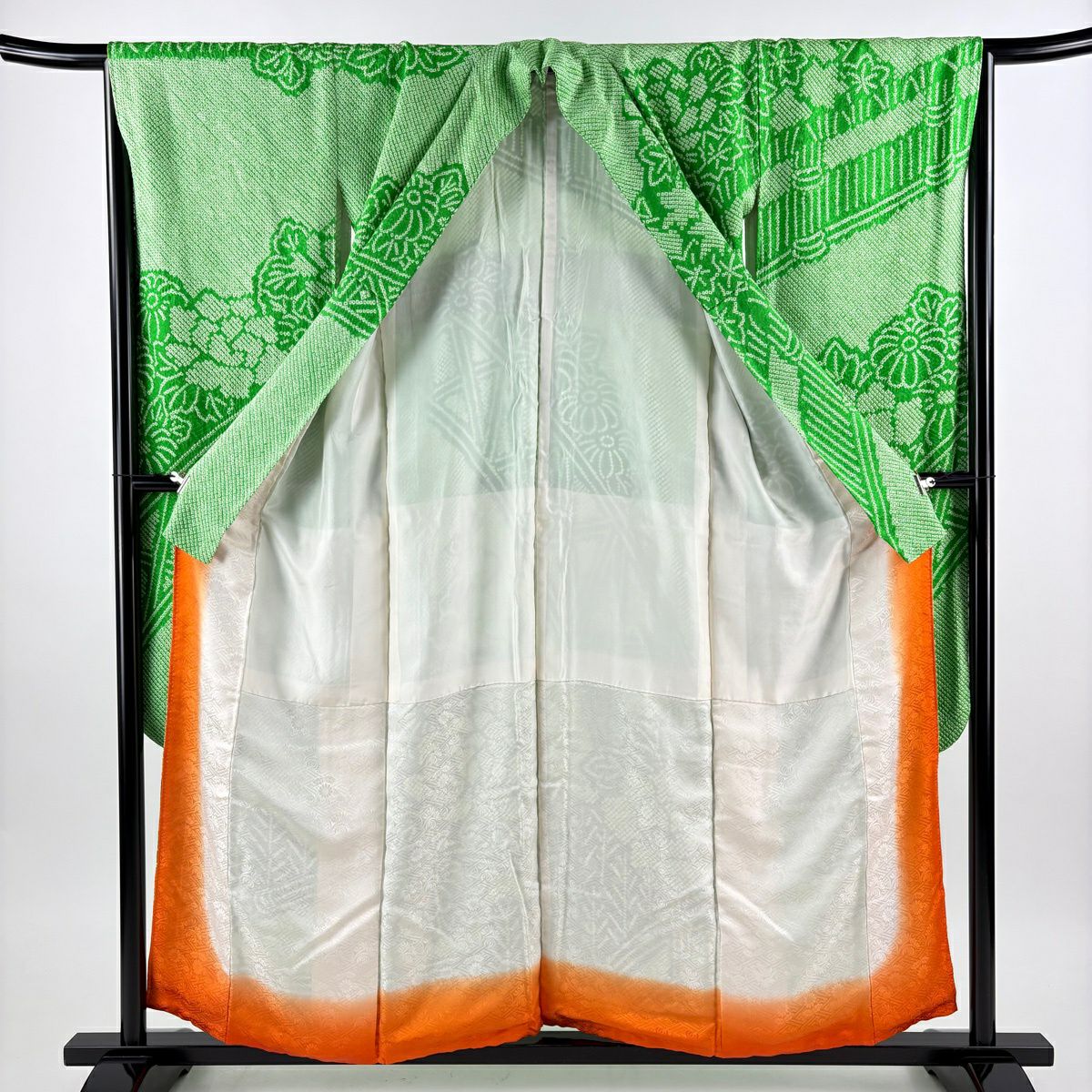 【美品】振袖禮服 身長156.5cm 袖長66cm M 雙層 牡丹 光悅垣 總絞染 綠 純蠶絲 秀品級
