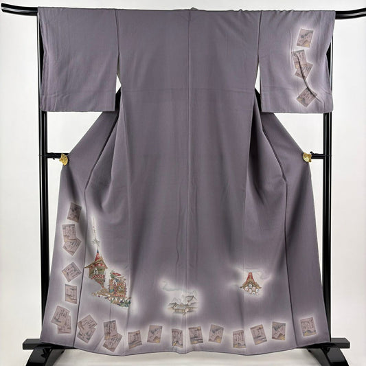 【美品】 付下 身長160cm 袖長66cm M 雙層 山鉾 かるた 金銀彩 漸層 灰紫 純蠶絲 優品級