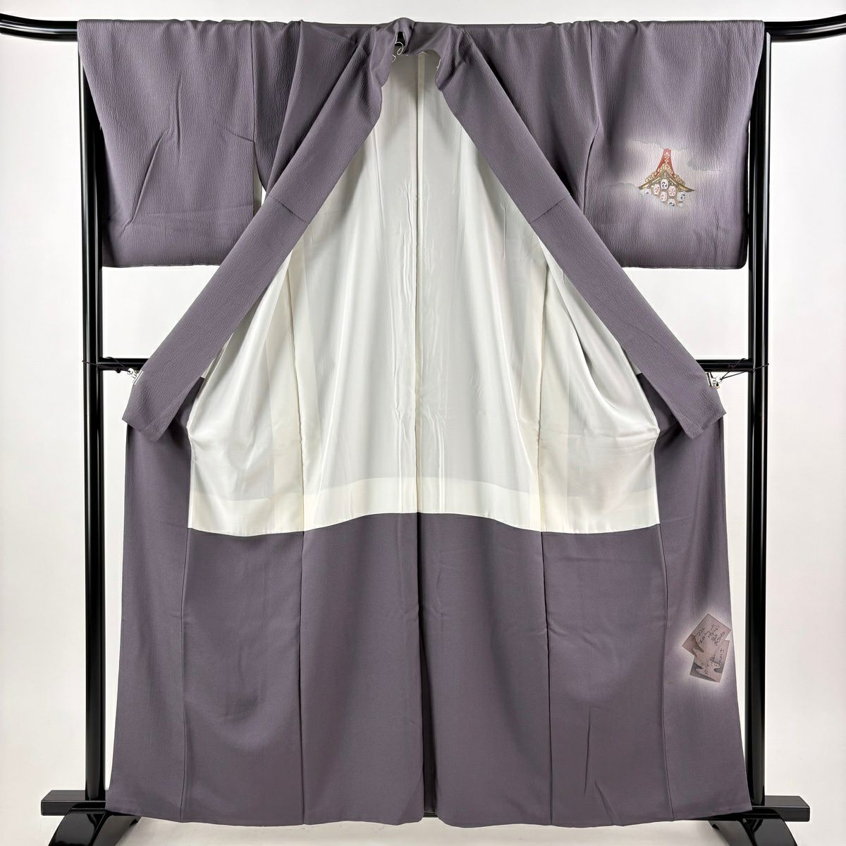 【美品】 付下 身長160cm 袖長66cm M 雙層 山鉾 かるた 金銀彩 漸層 灰紫 純蠶絲 優品級