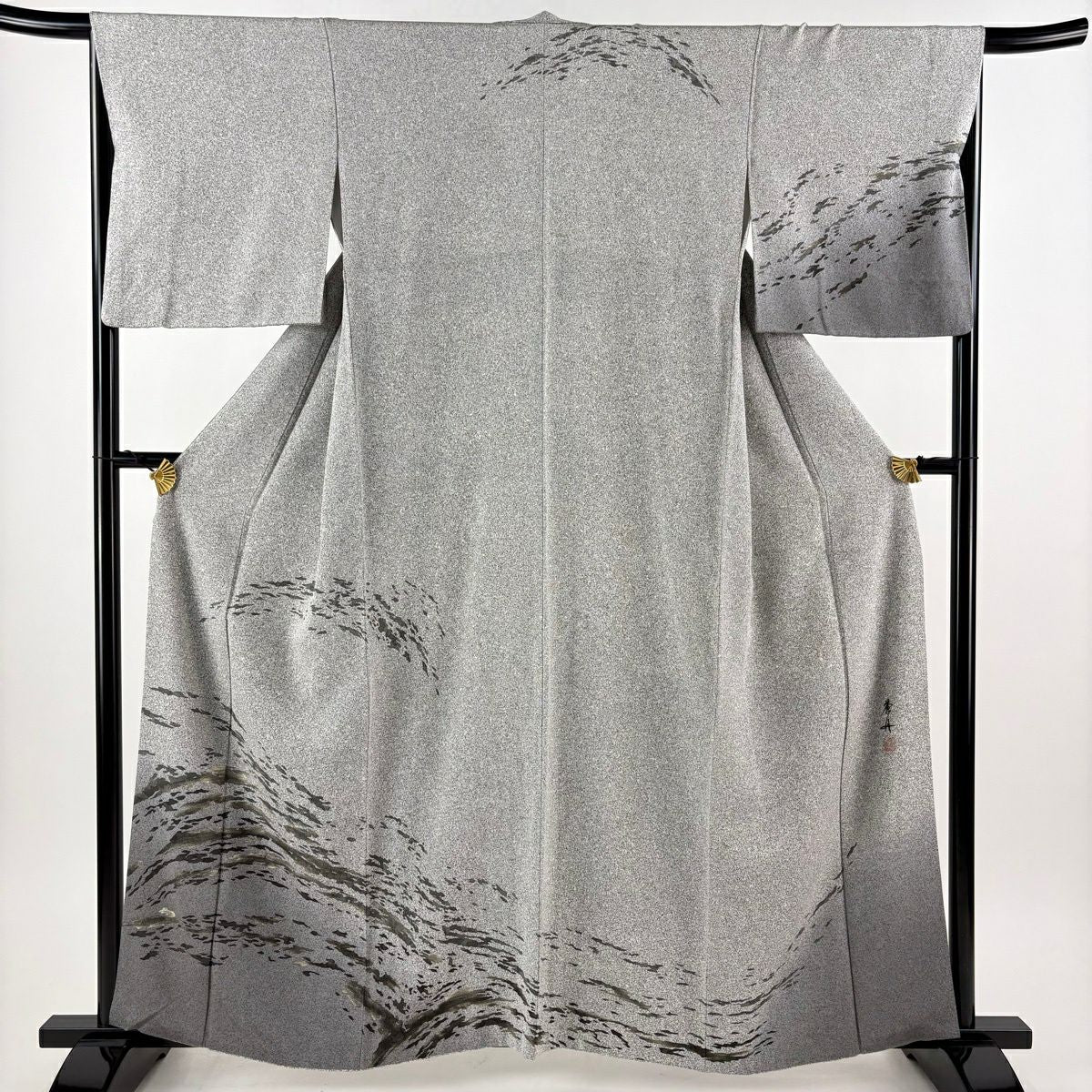 【美品】訪問服 身長160.5cm 袖長65.5cm M 雙層 落款あり 波 幾何學 金彩裝飾 漸層 灰色 純蠶絲 秀品級