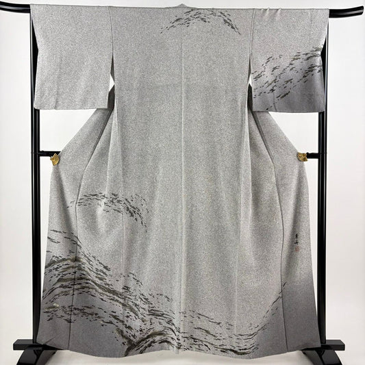 【美品】訪問服 身長160.5cm 袖長65.5cm M 雙層 落款あり 波 幾何學 金彩裝飾 漸層 灰色 純蠶絲 秀品級
