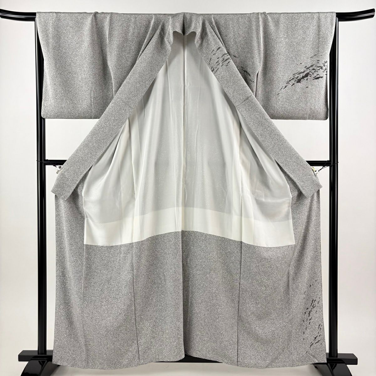 【美品】訪問服 身長160.5cm 袖長65.5cm M 雙層 落款あり 波 幾何學 金彩裝飾 漸層 灰色 純蠶絲 秀品級