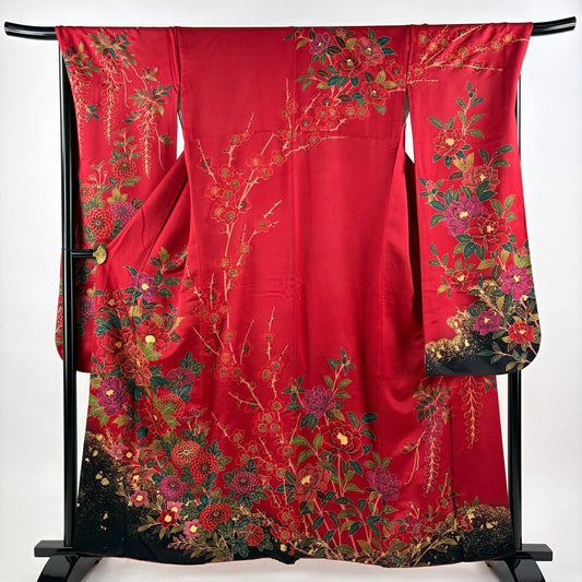 【美品】振袖禮服 身長160cm 袖長69cm L 雙層 鈴乃屋 牡丹 枝梅花 金絲 金銀彩 紅 純蠶絲 秀品級