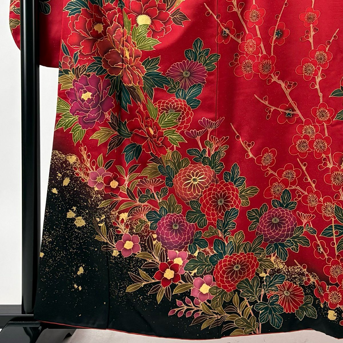 【美品】振袖禮服 身長160cm 袖長69cm L 雙層 鈴乃屋 牡丹 枝梅花 金絲 金銀彩 紅 純蠶絲 秀品級