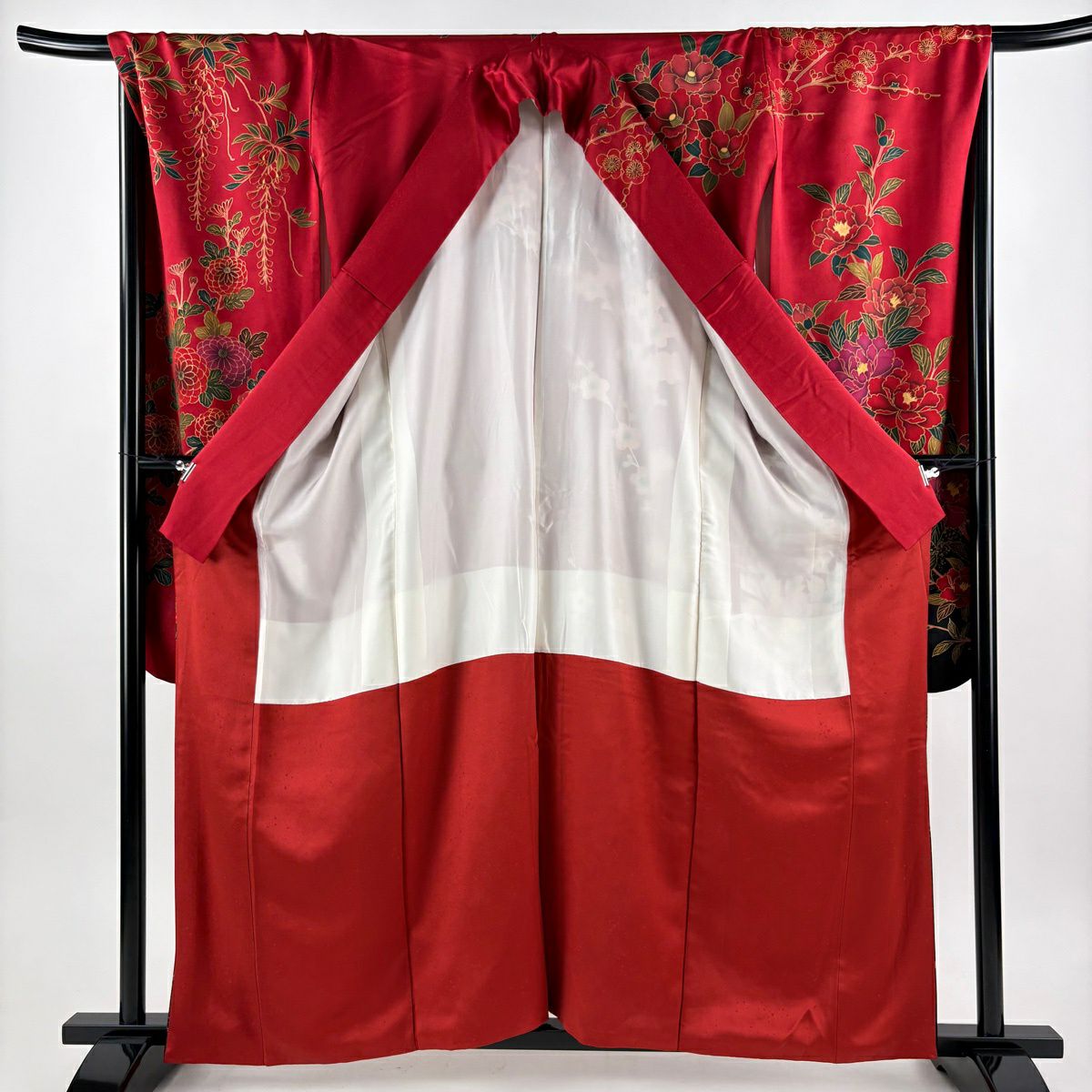 【美品】振袖禮服 身長160cm 袖長69cm L 雙層 鈴乃屋 牡丹 枝梅花 金絲 金銀彩 紅 純蠶絲 秀品級