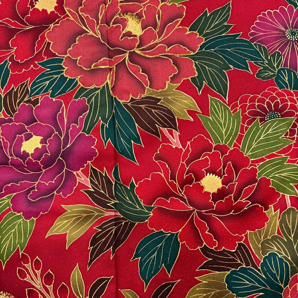 【美品】振袖禮服 身長160cm 袖長69cm L 雙層 鈴乃屋 牡丹 枝梅花 金絲 金銀彩 紅 純蠶絲 秀品級