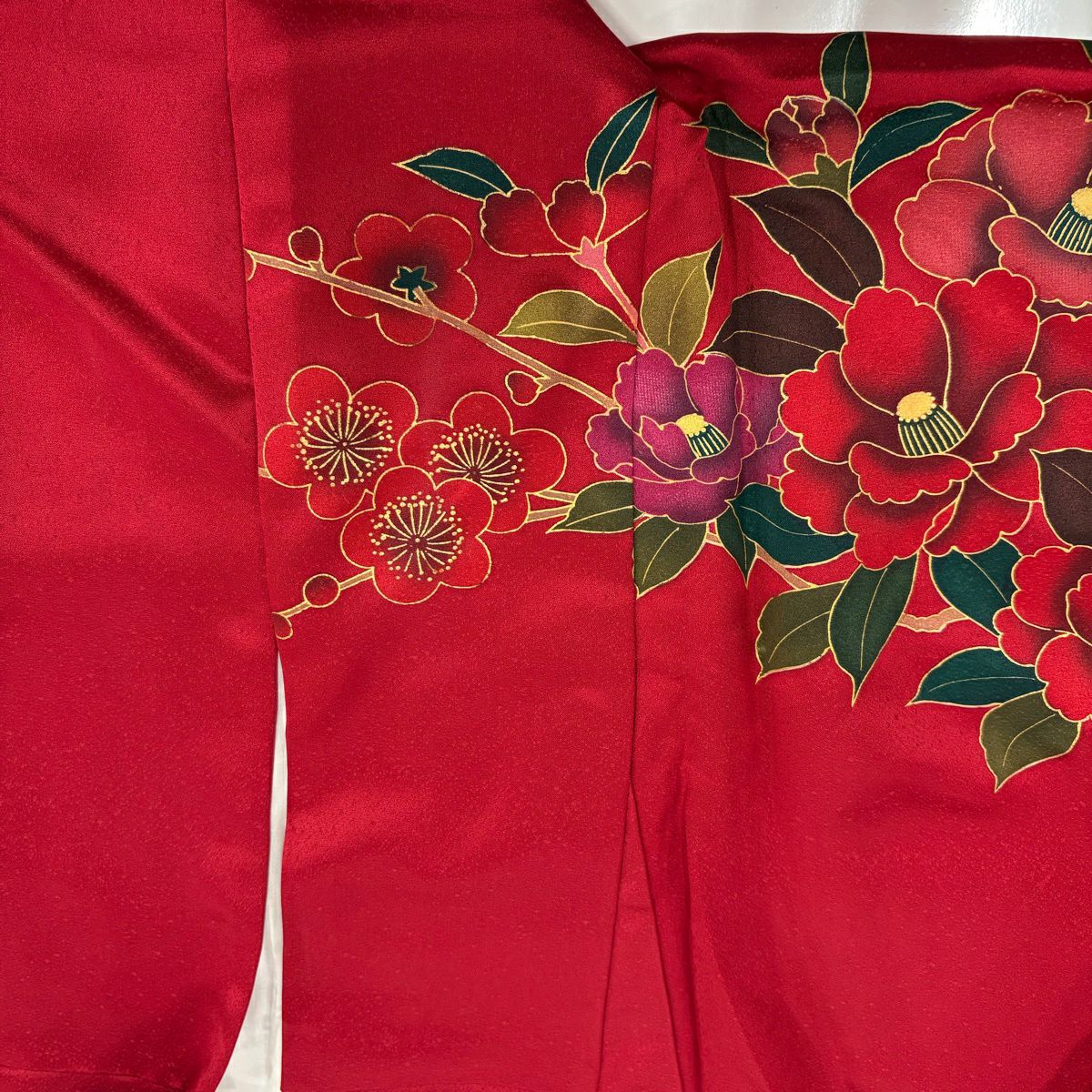 【美品】振袖禮服 身長160cm 袖長69cm L 雙層 鈴乃屋 牡丹 枝梅花 金絲 金銀彩 紅 純蠶絲 秀品級