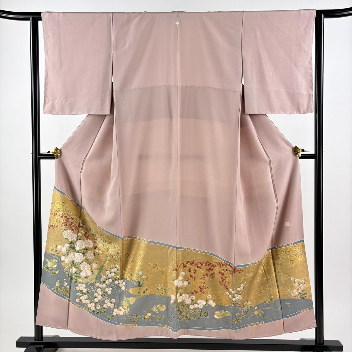 留袖禮服禮服 身長153.5cm 袖長63cm S 雙層 落款あり 菊花 鳥 金銀彩 粉米色 純蠶絲 秀品級 一つ紋