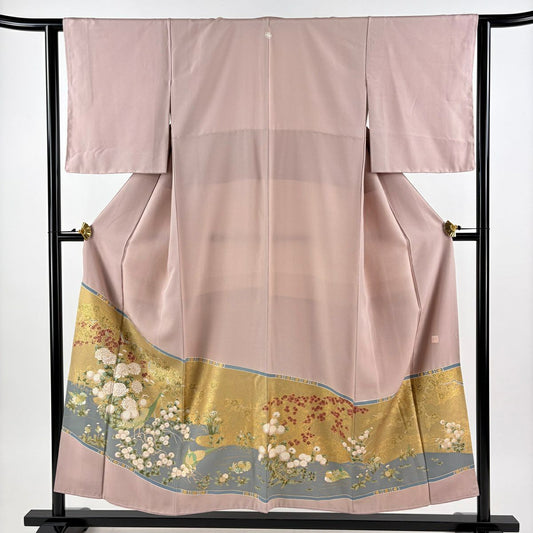 留袖禮服禮服 身長153.5cm 袖長63cm S 雙層 落款あり 菊花 鳥 金銀彩 粉米色 純蠶絲 秀品級 一つ紋