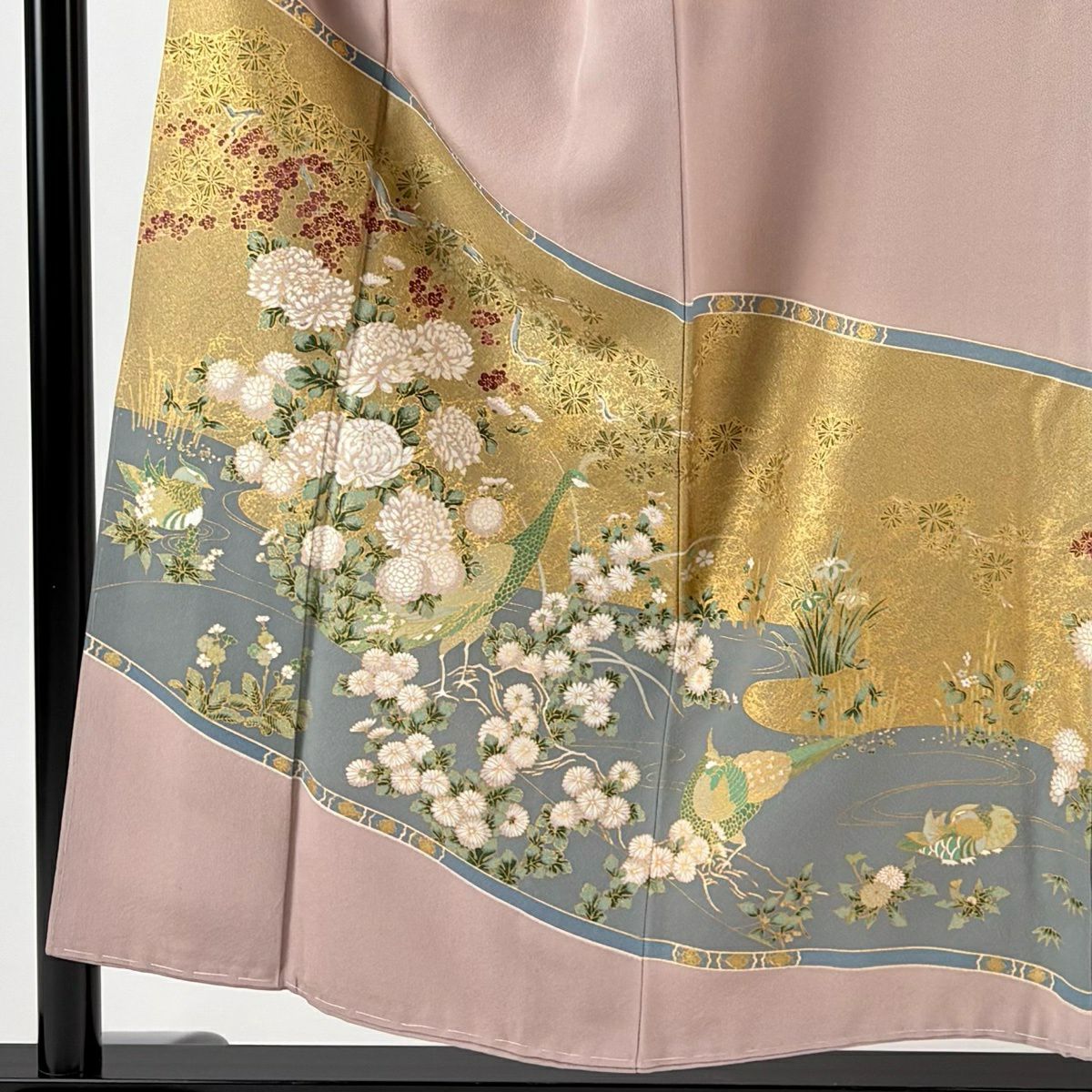 留袖禮服禮服 身長153.5cm 袖長63cm S 雙層 落款あり 菊花 鳥 金銀彩 粉米色 純蠶絲 秀品級 一つ紋