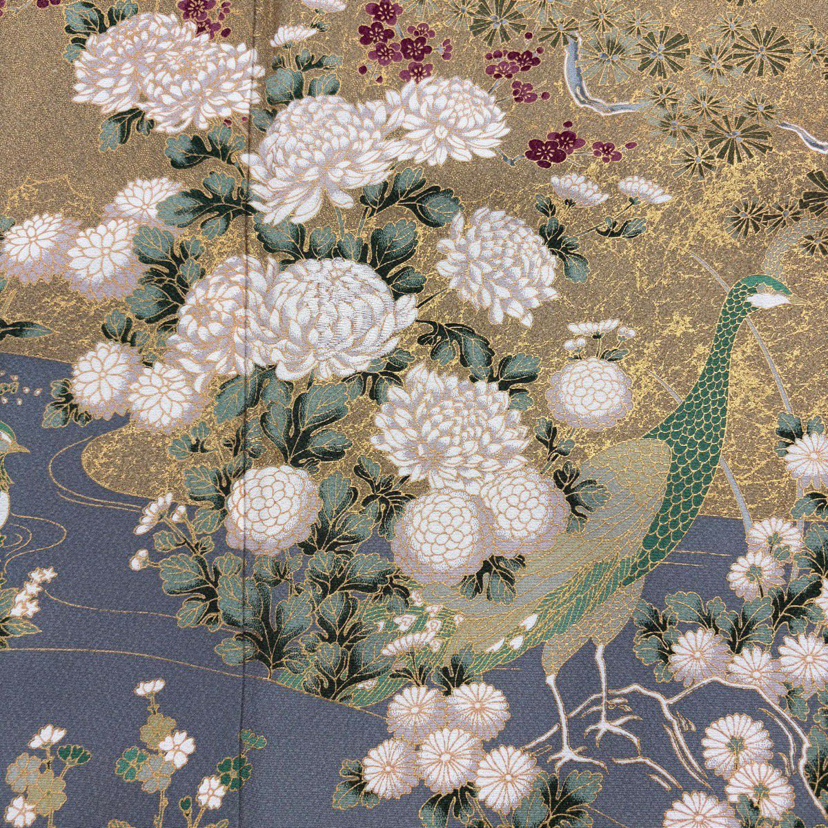 留袖禮服禮服 身長153.5cm 袖長63cm S 雙層 落款あり 菊花 鳥 金銀彩 粉米色 純蠶絲 秀品級 一つ紋