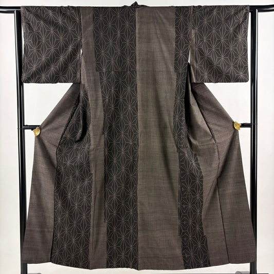 付下 身長151cm 袖長62.5cm S 雙層 紬織織 麻葉 焦茶 純蠶絲 秀品級