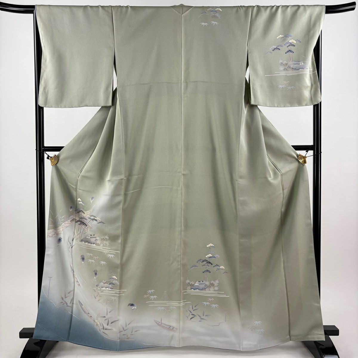 訪問服 身長164cm 袖長67.5cm L 雙層 舟 家屋 金金箔 金銀彩 灰綠 純蠶絲 秀品級