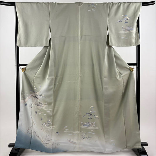 訪問服 身長164cm 袖長67.5cm L 雙層 舟 家屋 金金箔 金銀彩 灰綠 純蠶絲 秀品級