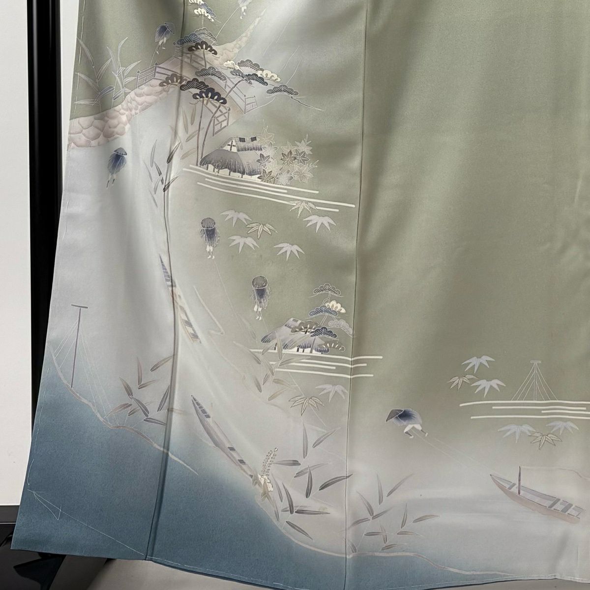 訪問服 身長164cm 袖長67.5cm L 雙層 舟 家屋 金金箔 金銀彩 灰綠 純蠶絲 秀品級