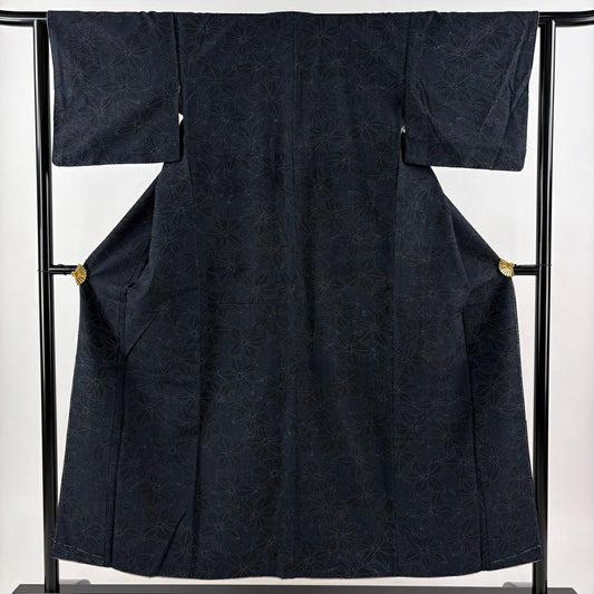 【美品】 紬織織 身長151.5cm 袖長63cm S 雙層 花 深藍 純蠶絲 秀品級