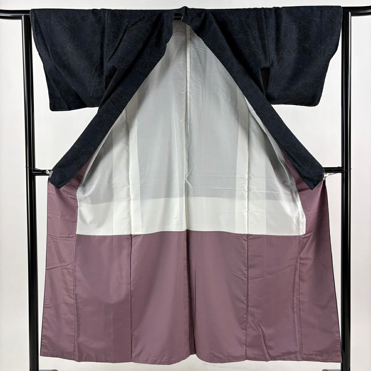 【美品】 紬織織 身長151.5cm 袖長63cm S 雙層 花 深藍 純蠶絲 秀品級