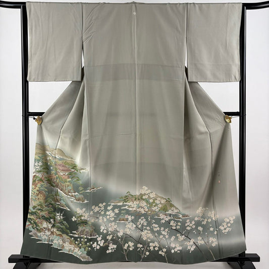 色留袖禮服 身長158cm 袖長64cm M 雙層 落款あり 松樹島 漸變 灰綠 純蠶絲 秀品級 一つ紋
