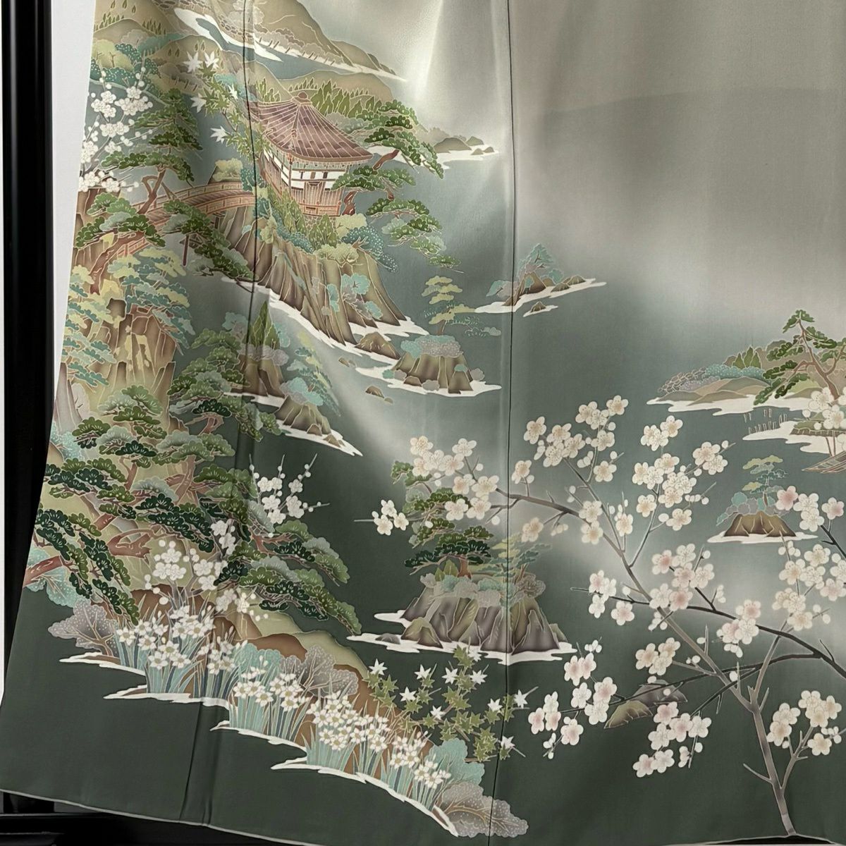 色留袖禮服 身長158cm 袖長64cm M 雙層 落款あり 松樹島 漸變 灰綠 純蠶絲 秀品級 一つ紋