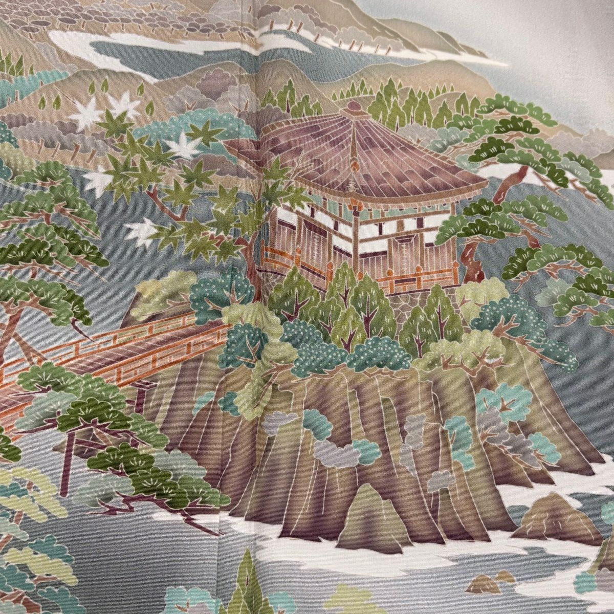 色留袖禮服 身長158cm 袖長64cm M 雙層 落款あり 松樹島 漸變 灰綠 純蠶絲 秀品級 一つ紋
