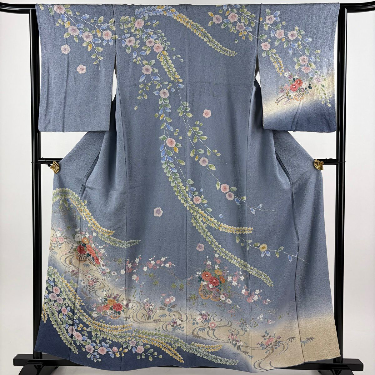 訪問服 身長160cm 袖長64cm M 雙層 花車 流水 金彩裝飾 漸層 青灰 純蠶絲 優品級