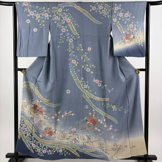 訪問服 身長160cm 袖長64cm M 雙層 花車 流水 金彩裝飾 漸層 青灰 純蠶絲 優品級