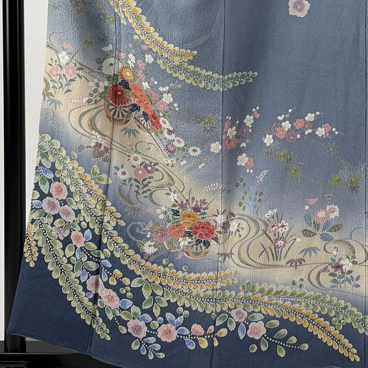 訪問服 身長160cm 袖長64cm M 雙層 花車 流水 金彩裝飾 漸層 青灰 純蠶絲 優品級