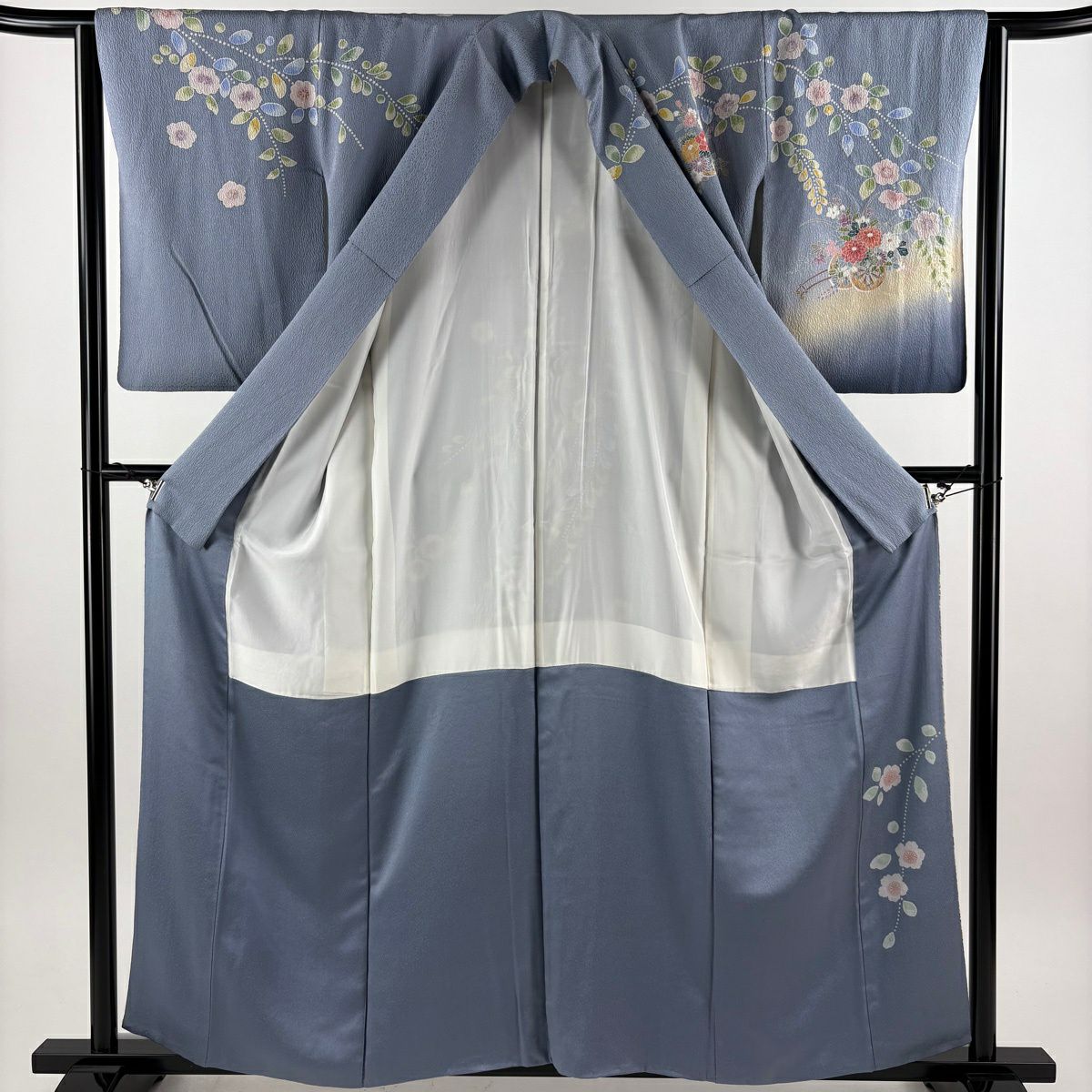 訪問服 身長160cm 袖長64cm M 雙層 花車 流水 金彩裝飾 漸層 青灰 純蠶絲 優品級