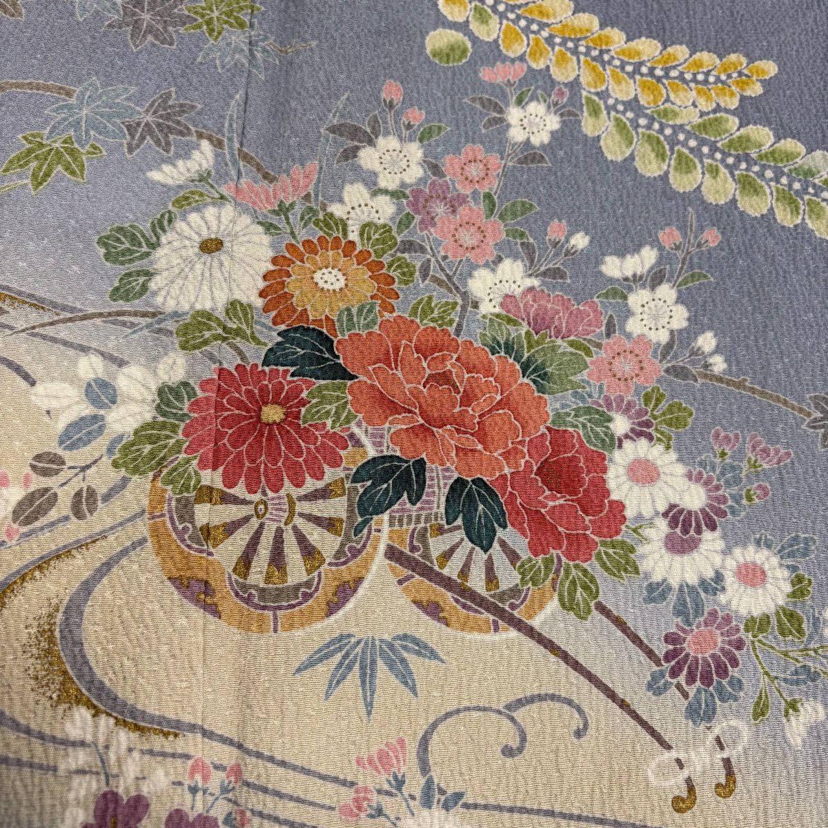 訪問服 身長160cm 袖長64cm M 雙層 花車 流水 金彩裝飾 漸層 青灰 純蠶絲 優品級