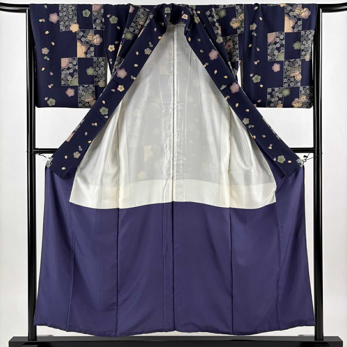 小紋 身長154.5cm 袖長65.5cm M 雙層 櫻花 變化市松樹 金銀彩 紫 純蠶絲 優品級