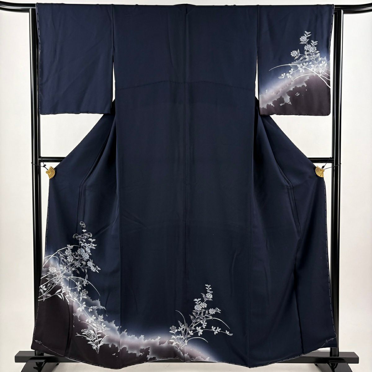 付下 身長160cm 袖長63cm S 雙層 秋草 輪廓 水晶 銀銀彩 深藍 純蠶絲 優品級